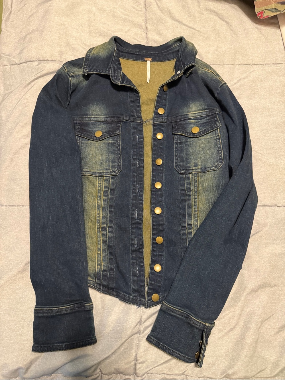 Free People Dark Blue Denim Jacket with Faded Wash